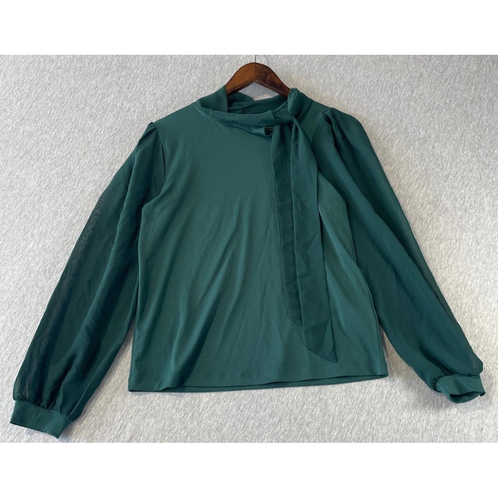Cable & Gauge Blouse Top Womens Small Teal Green Mock Tie Neck Balloon Sleeves
